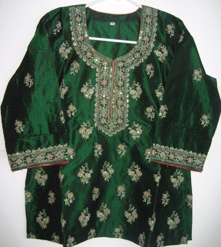 Woman's Emerald Green Silk Blouse Embroidered Top 3/4 Sleeve