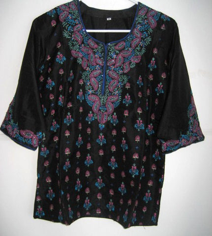 Woman's Black Silk Blouse Embroidered Silk Blouse Top 3/4 Sleeve