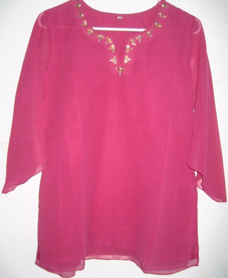 Woman's Deep Pink Georgette Blouse Embroidered Top
