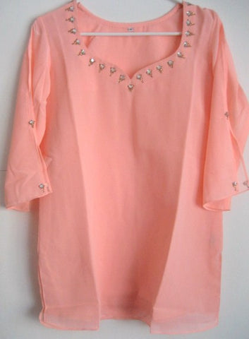 woman's Peach Georgette Blouse Embroidered Top